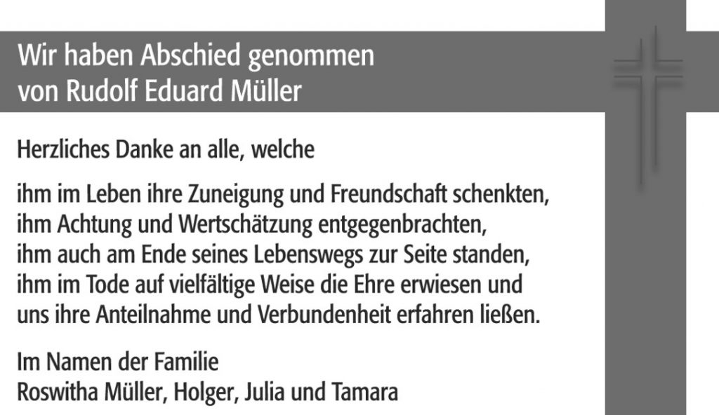 Danksagung Rudolf Müller